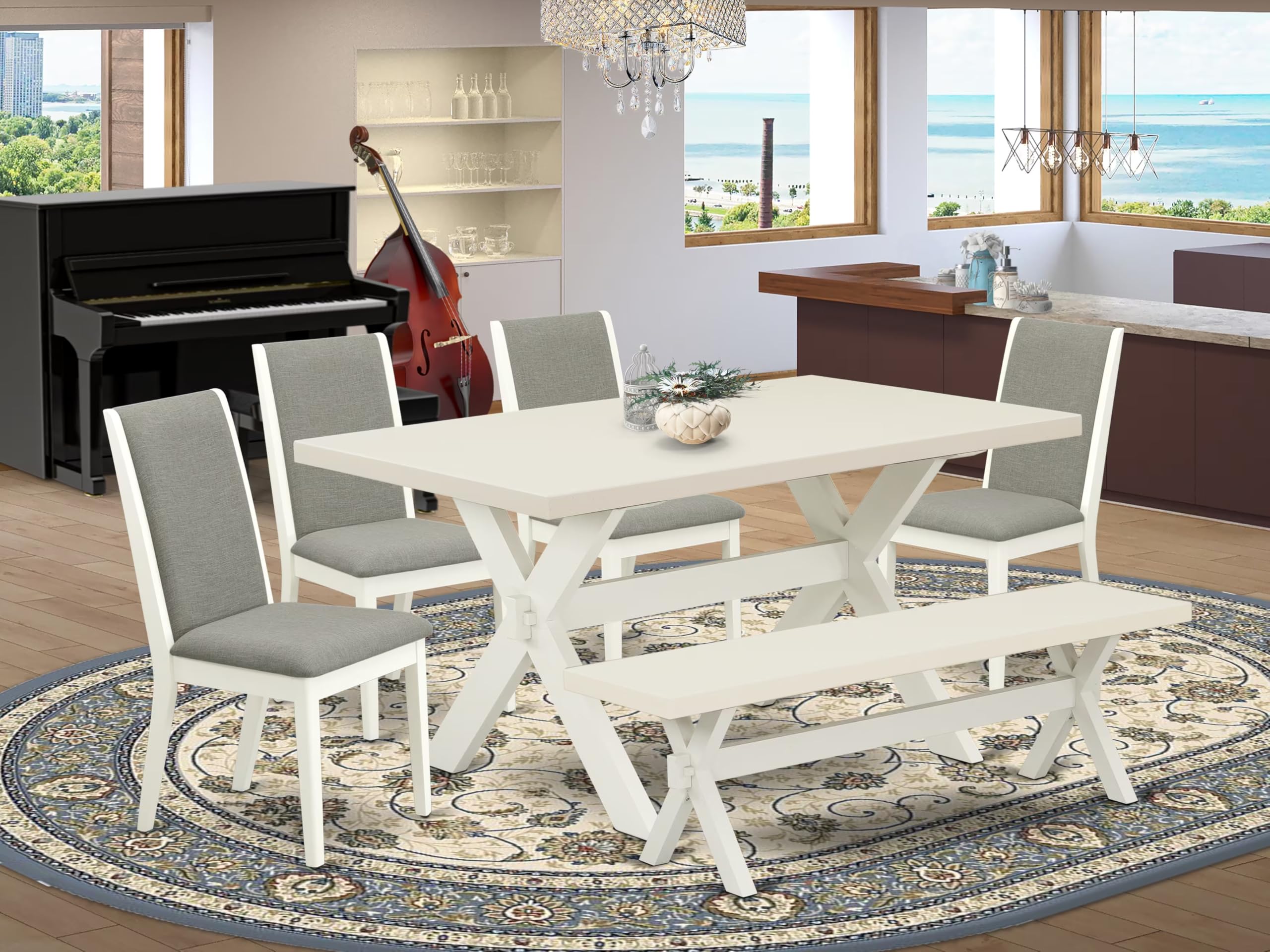 East West Furniture X026La206-6 6 Piece Kitchen Table Set Contains A Rectangle Dining Table With X-Legs And 4 Shitake Linen Fabric Parson Chairs With A Bench, 36X60 Inch, Multi-Color